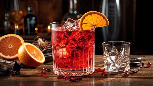 Negroni cocktail with orange slice and ice cubes on wooden table