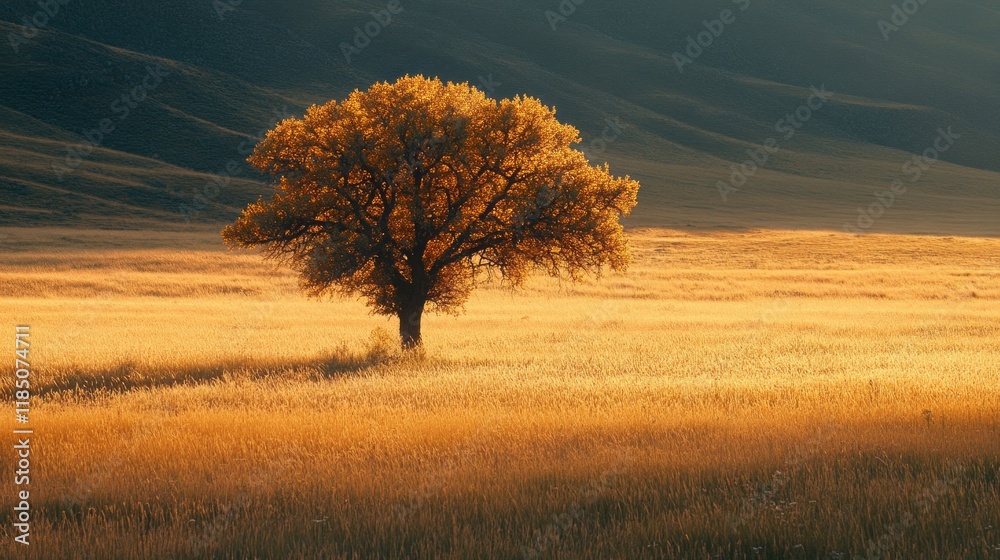 Poster a lone tree rises gracefully in a vast meadow, surrounded by golden grasses that sway gently in the 