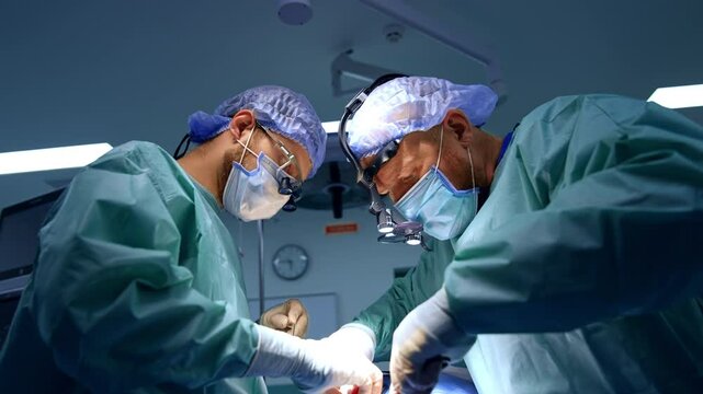 Two surgeon co-work at maxillofacial surgery. Attentive doctors in surgical loupes carefully use the instruments. Low angle view.