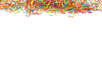 Sprinkle background. Colorful sprinklers. Decoration for cake, donut, bakery. Candy topping background isolated on white background