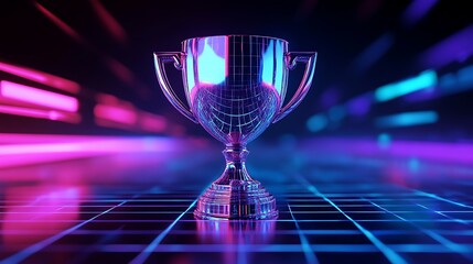 A futuristic trophy cup with a glowing, transparent body, set against a neon-lit digital grid background 