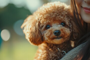 Close-up photo of a woman holding her small brown poodle dog in the park The background features a natural setting with green grass on a sunny day Generative AI