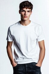 Fototapeta premium A young man in a plain white t-shirt mockup and dark jeans, standing confidently with his hands in his pockets. He has a serious expression and styled hair, against a light background.