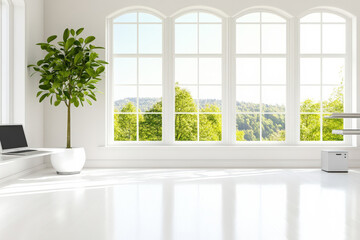 Fototapeta premium Bright Modern Interior with Large Windows Overlooking Nature 