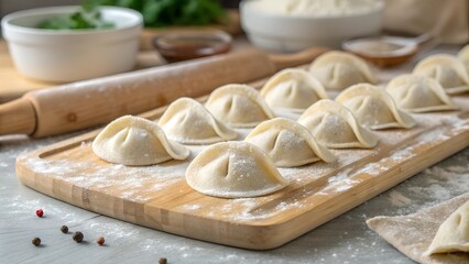 Fototapeta premium Raw pelmeni dumplings arranged on a wooden cutting board dusted with flour, ready for cooking. A traditional Eastern European dish, symbolizing homemade comfort food and culinary tradition.