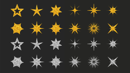 Gold and silver star icon set. Glitter shiny textured stars isolated on black background for your design. Achievement icons. Vector EPS 10