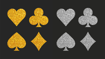 Gold and silver card suit icons. Vector clubs diamonds hearts spades shapes. Casino Poker and gambling graphic elements. Vector symbols