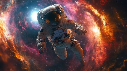 Astronaut floating in vibrant nebula, cosmic exploration.