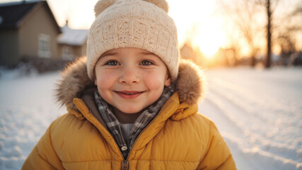 Child smiling outdoors in winter snow with warm coat and hat during sunset