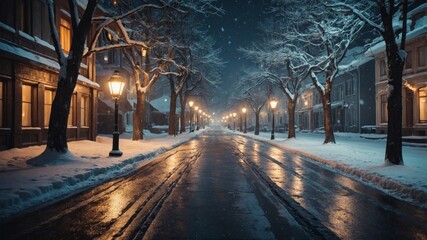 Winter night on a quiet street with glowing lanterns and fresh snow covering the ground