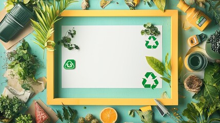 A vibrant arrangement of plants and recycling symbols surrounding a blank space, promoting eco-friendly practices and creativity.