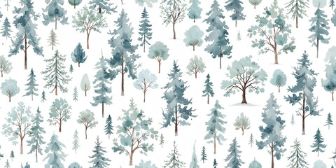Watercolor illustration of seamless pattern with trees, tree pattern, pattern of trees