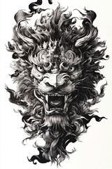Shishi Lion Mask black and white illustration