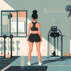 New years resolution: illustration of an determined woman starting to work out at the gym to get healthy
