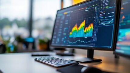 Naklejka premium Digital dashboard with real-time data charts, analytics, and visualizations, including a swirling graphic in a modern tech interface.