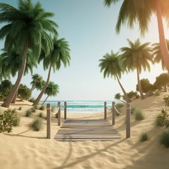 Obraz premium Tropical beach paradise, sunset glow, palm trees, wooden boardwalk, turquoise lagoon, sandy shore, lush vegetation, vibrant colors, dreamy atmosphere, coastal landscape, idyllic vacation scene, photor