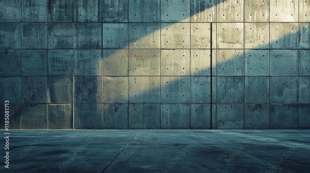 Aufkleber A vast wall made of concrete blocks showcases the beauty of texture and light. Soft sunlight streams in, creating striking shadows and highlighting the architectural elements of the structure