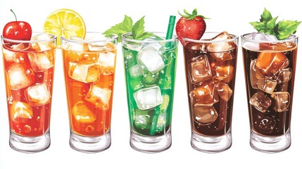 A row of glasses each filled with distinct types of drinks including water, soda, juice, wine, and cocktails. Each glass displays a unique color and texture