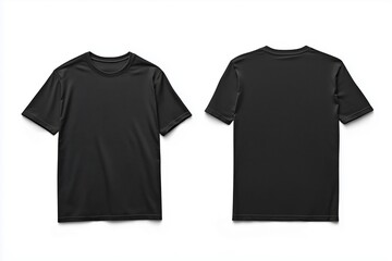 A plain black t-shirt mockup from the front and back view, showcasing its simple design and fabric texture.