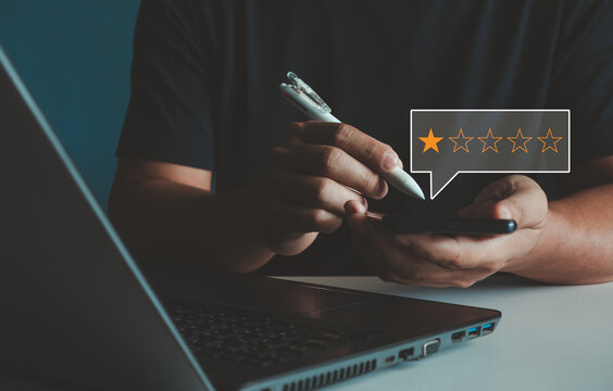 Review rating 1 star, low quality, unhappy, feedback and opinions complaints from the client, bad review icon dissatisfied, experience negative of customers in a service. Customer Satisfaction Survey.
