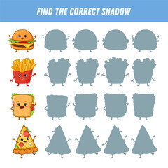 Find correct shadow of fast food characters. Educational logical game for kids. Cartoon funny food. Burger, pizza, french fries, sandwich. Vector