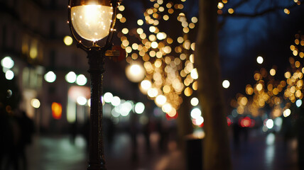 A blurred cityscape with soft bokeh lights in the foreground, creating a modern, urban feel. The glowing orbs of light add depth and atmosphere, evoking a vibrant and dynamic metropolitan night scene.