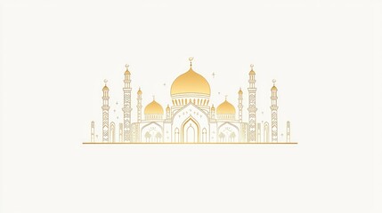 A minimalist illustration of a mosque with golden domes and minarets, symbolizing cultural and religious significance.