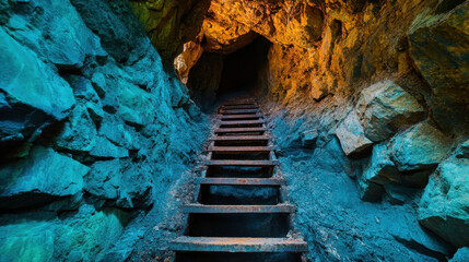 Mines and Geological Formations, A mining elevator descends into a dimly lit shaft, showcasing the underground environment and industrial mining equipment in a visually striking manner.