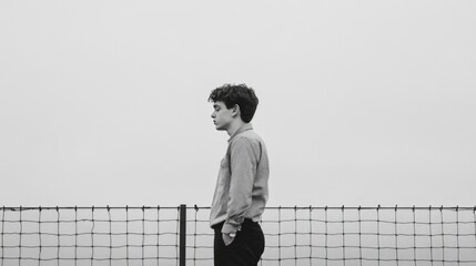 Pensive young man in profile view standing by a fence in foggy weather.