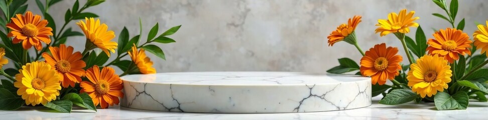 Fototapeta premium Sleek marble podium with natural calendula arrangement, cosmetics showcase, natural products, elegance