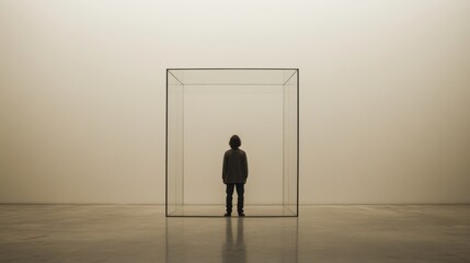 Obraz premium Person standing inside a transparent cube in a large empty room.