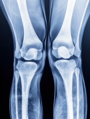 X-ray image of human knees displaying joint structure and bone alignment with detailed visibility of ligaments and cartilage.