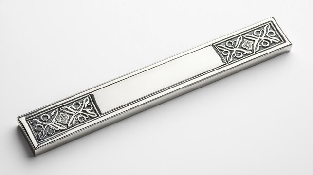A decorative metal bar with intricate designs on each end, likely serving as a nameplate or decorative element.