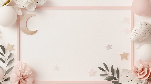 A decorative frame featuring soft colors, floral elements, and celestial motifs, ideal for invitations or announcements.