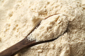 Whey protein powder on a wooden spoon