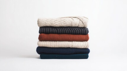 Stack of neatly folded sweaters in various colors and textures.