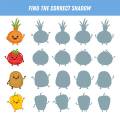 Find the correct shadow of the onion, tomato, potato and pepper. Educational logic game for children. Cute vegetable cartoon characters. Vector illustration
