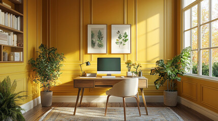A luxurious home office features butter yellow walls and abundant greenery, inviting natural light through large windows. Elegant artwork and a chic desk enhance the creative atmosphere
