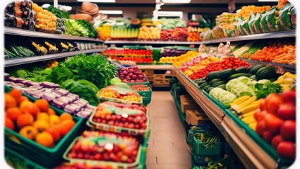 Obraz premium Blurred crowded grocery store features shoppers exploring aisles stacked with fresh fruits, vegetables, and various packaged items