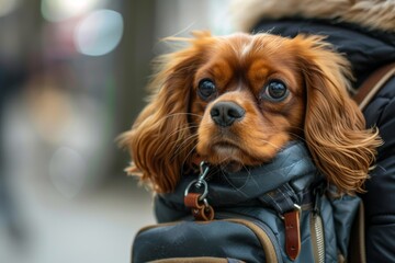 Naklejka premium Cavalier king charles in cozy carrier