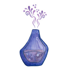 Blue glass bottle with a magic potion. Watercolor illustration hand drawn in children's style. Drawing for postcards, posters, prints. love, hearts, magic, potion, glass, bottle, vessel, elixir