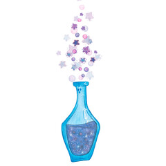 Blue glass bottle with a magic potion. Watercolor illustration hand drawn in children's style. Drawing for postcards, posters, prints. love, hearts, magic, potion, glass, bottle, vessel, elixir