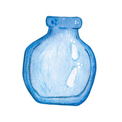 Glass bottle on a white background. Watercolor illustration, hand drawn in childish style. Drawing for postcards, posters, prints. Glass, bottle, magic, potion, glass, vial, vessel, elixir