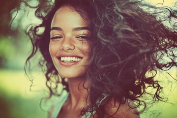 Fototapeta premium Long hairdo - beach waves hair. Stunning happy mixed-race girl - for ads, brochure and social social networks ad use. Commercial marketing conceptual art. African model advertising styles.