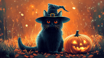 halloween concept with a black cat wearing a witch hat and holding a pumpkin for festive decoration, halloween magic, and spooky vibes
