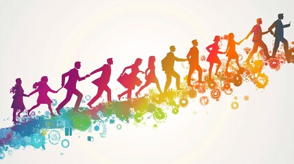 Obraz premium Dynamic silhouette of diverse individuals marching forward, symbolizing progress and teamwork in a colorful gradient.