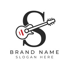 Initial Letter S Guitar icon with Line Art Style for Chord. Alphabet S with Musical instrument logo design
