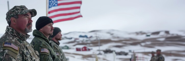 Fototapeta premium US soldiers and Flying US flag in Greenland