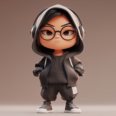 Stylized cartoon figure in hoodie and glasses