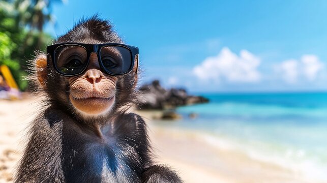 A playful young monkey with sunglasses enjoys a sunny beach day, showcasing its curious personality by the ocean.